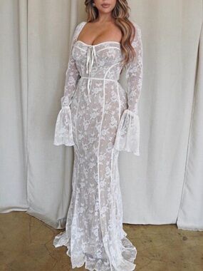 White Lace Long Sleeve Sheath Dress